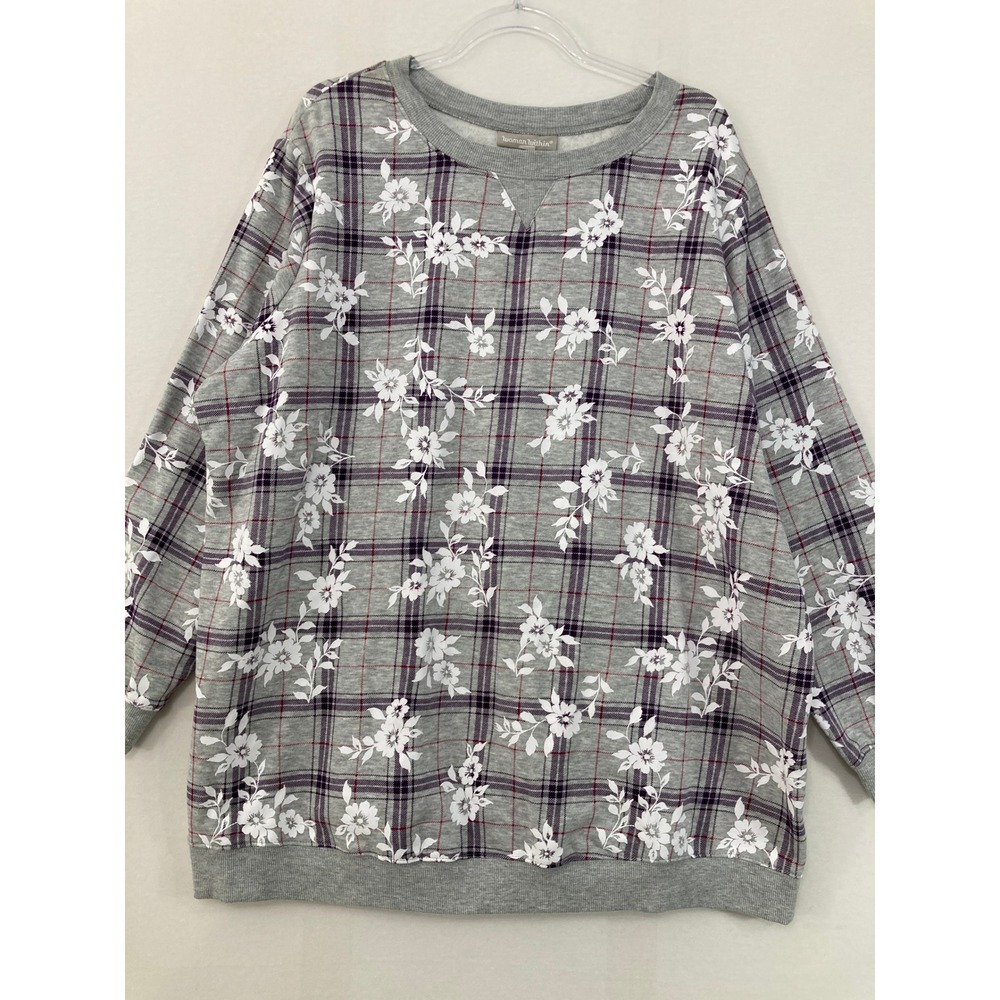 Woman‎ Within Sweatshirt 1X or 22/24 Grey Plaid Floral Pullover Crewneck Knit